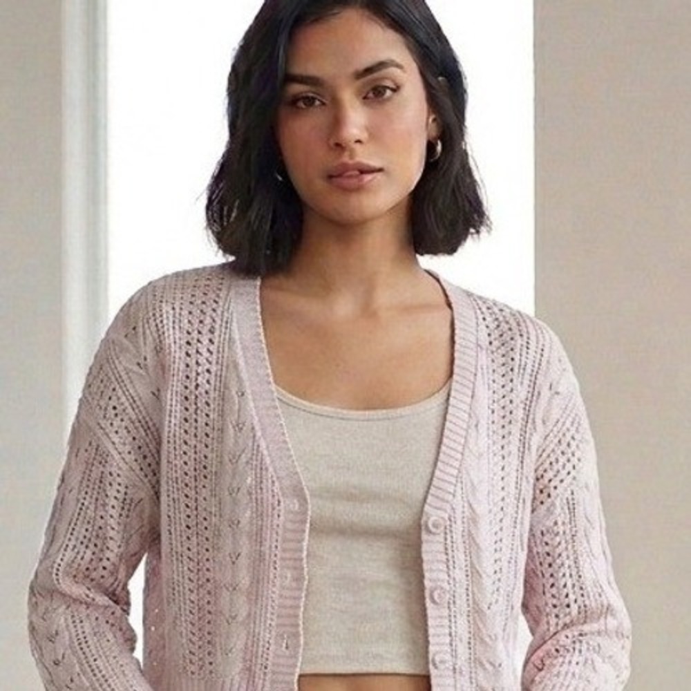 Hollister Light Pink Pointelle Cable Knit Cropped Cardigan Sweater Small Y2K
